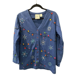 Vintage Michael Simon Lite Size Small Christmas Sweater Cotton Blue Embroidered